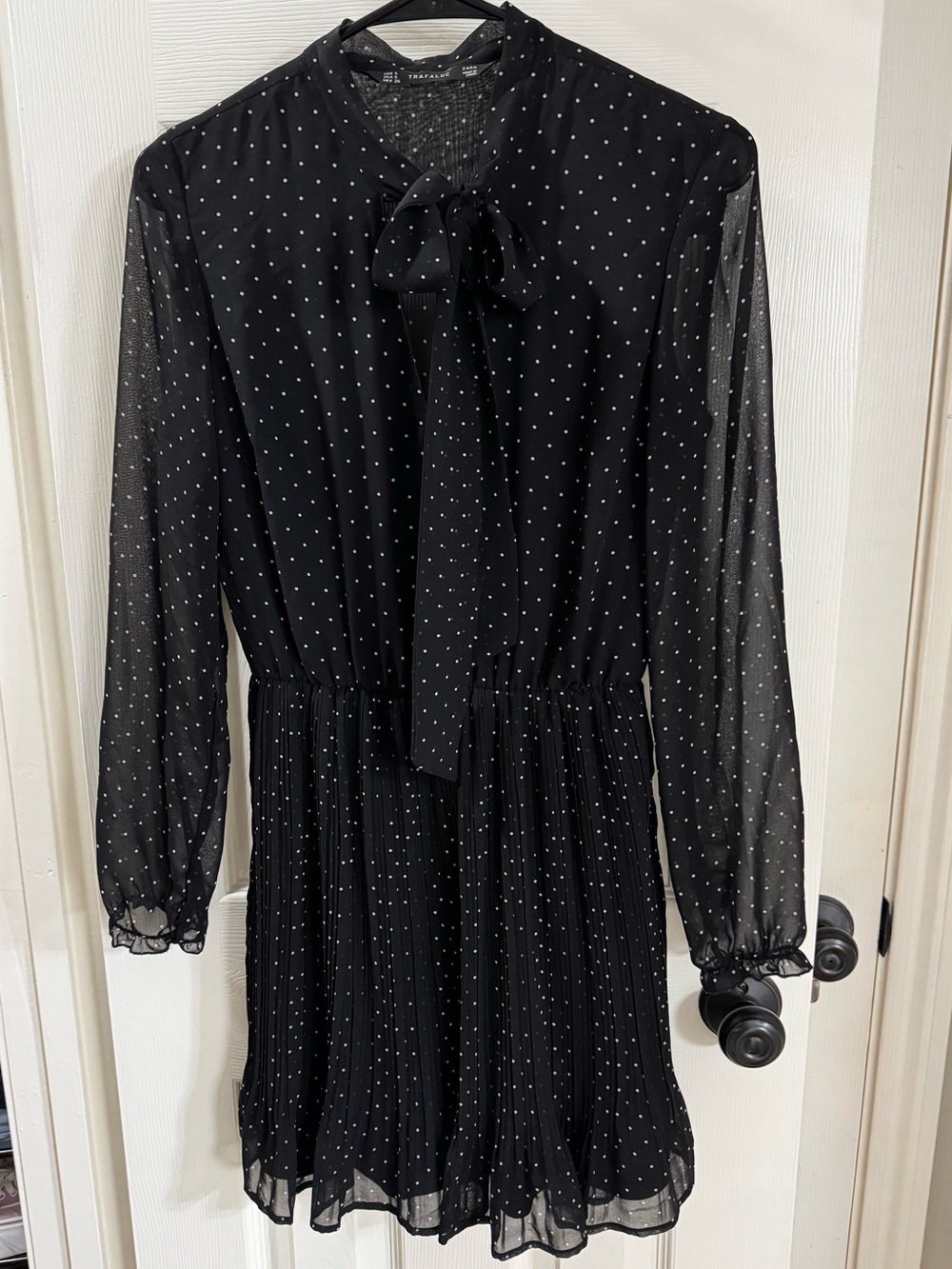 Zara Black Polka Dot Tie-Neck Long Sleeve Dress - Picture 1 of 3